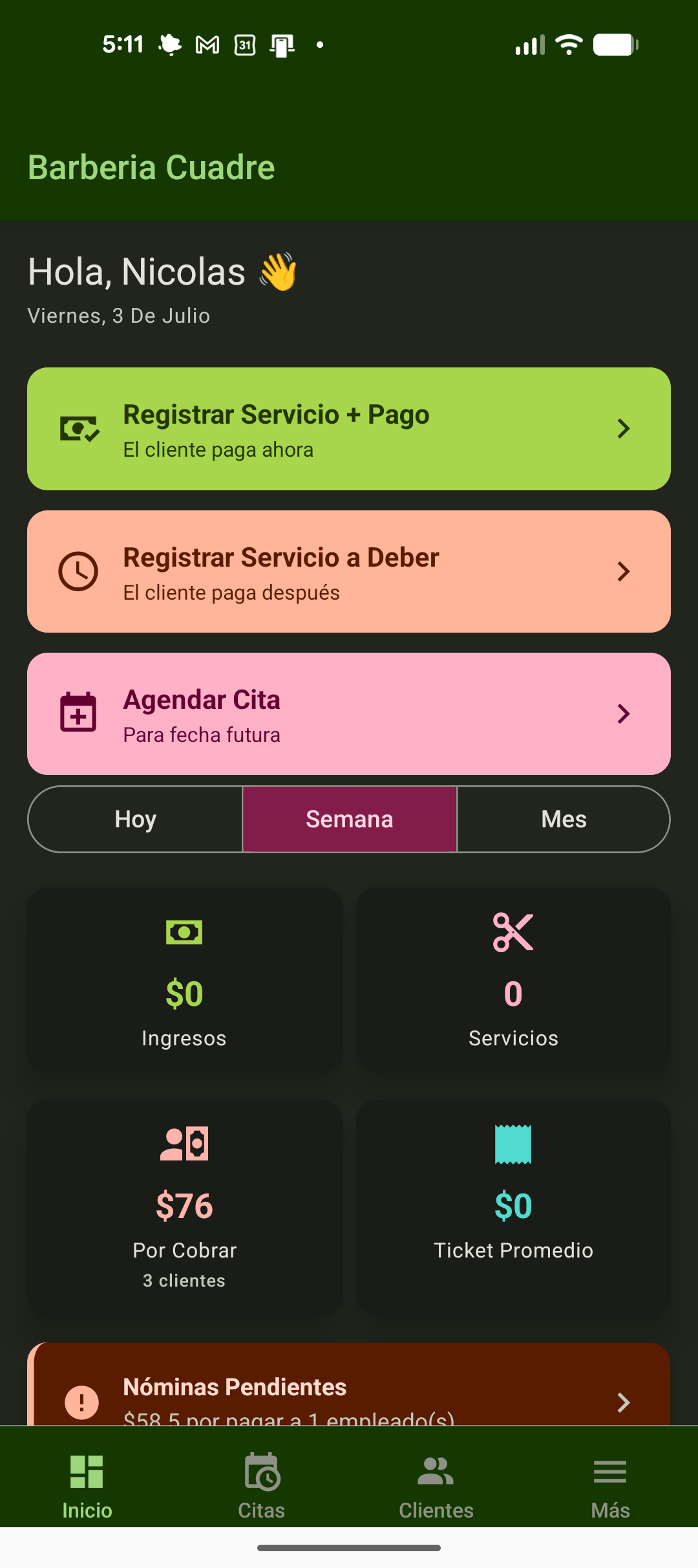 Panel principal de CuadreAPP en Android